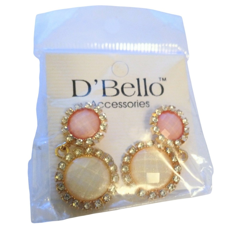 D'Bello Pink and White Faux Stone Rhinestone Halo Gold Tone Drop Earrings NWT